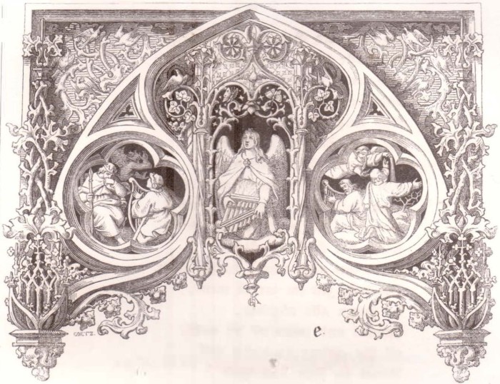 A hand drawing by Gustav Koenig for the article by Martin Luther entitled "Mrs. Music," from the German book, "Martin Luthers Geistliche Lieder (Samuel Gottlieb Liesching: Stuttgart, 1848), seite iii. The scene on the left depicts 1st Samuel 16:23; the scene on the right: 2nd Kings 3:15. Koenig's monogram consisting of the initials "G" and "K" will be seen hanging like an ornament from the bottom-most part of the center of his etching.