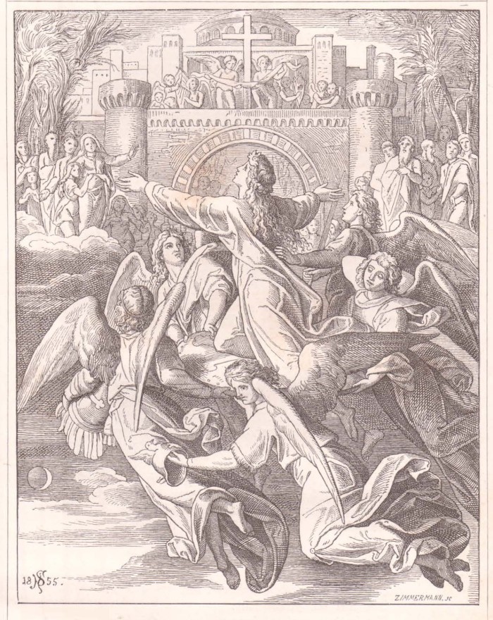 A woodcut by Julius Schnorr von Carolsfeld for the German book, "Christenfreude in Lied und Bild" (Gaber & Richter: Dresden, 1855). It depicts the angels carrying a soul to the New Jerusalem above. Note the imagery from Ephesians chapter 6! The angels are bearing this soul to heaven on the shield of faith, while others carry either the helmet of salvation, the chest armor of righteousness, or the sword of the Spirit. Once again, von Carolsfeld employs excellent imagery.
