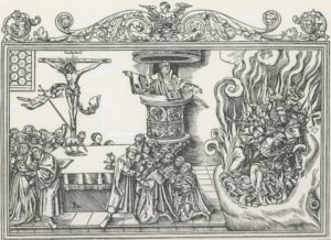 The difference between the Lutherans and the Roman Catholics: a woodcut by Lucas Cranach, the younger, around 1540.